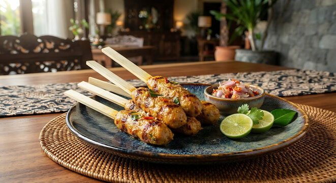 Balinese sate lilit (minced meat skewers) served with sambal matah and lime on a plate