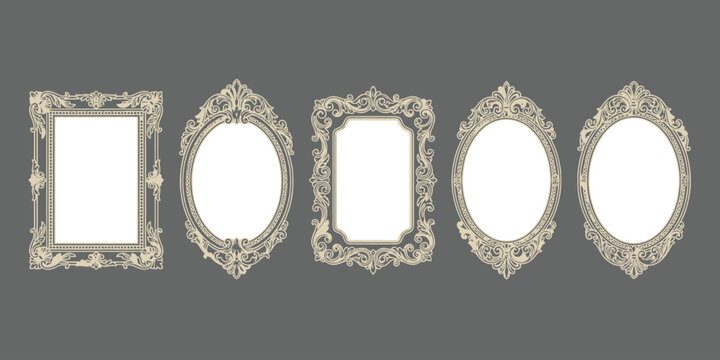 Vintage ornate baroque photo frames collection with antique victorian filigree borders for luxury wedding invitation and greeting cards