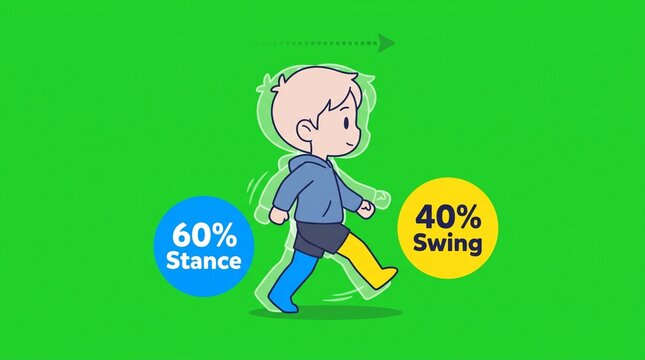 Chibi character walking cycle animation guide with biomechanics stance and swing phase data.