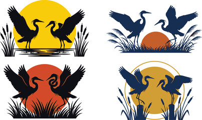 Naklejka premium Heron Wildlife Silhouette Logo Collection with Paired Flying Birds, Sunset Circles, Water Ripples, Cattails, and Decorative Marsh Grass