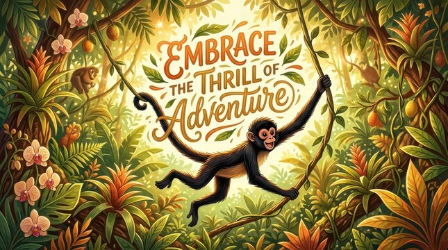 Vibrant jungle scene with a happy monkey swinging on vines and tropical foliage, inspiring adventure.