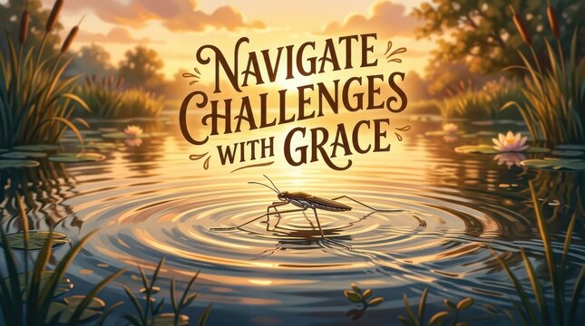 Water strider gracefully navigating ripples on a tranquil pond at sunset with inspiring text 'Navigate Challenges with Grace'.