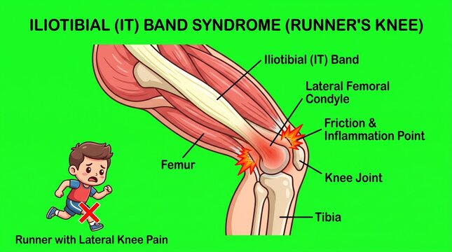 Iliotibial Band Syndrome Anatomy Diagram Showing Runner Knee Pain and Inflammation Points