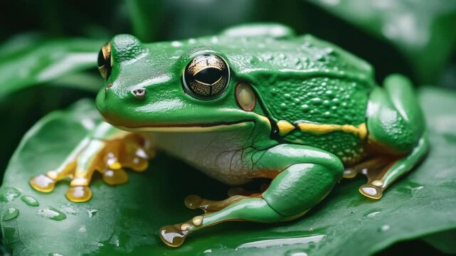 Close-up of a Green Tree Frog on a Wet Leaf