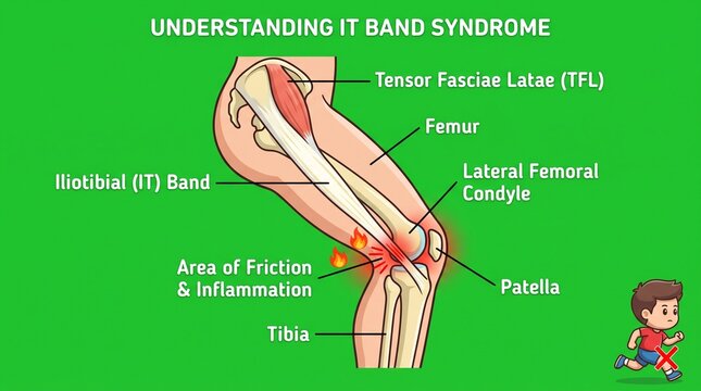 Anatomy diagram of IT band syndrome showing knee friction and inflammation points