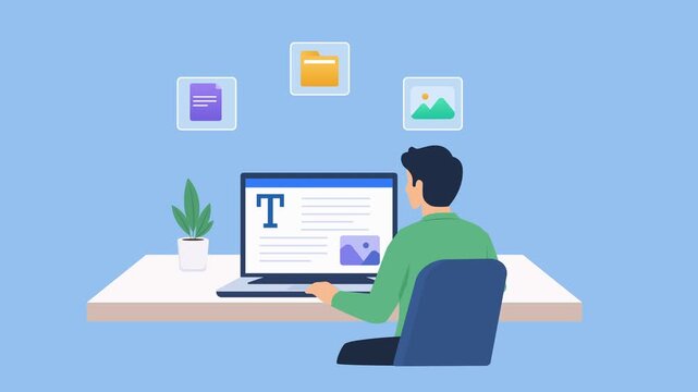 Modern flat vector animation showing a person working on a laptop with a content management interface and floating document, folder, and image icons, representing digital content, file organization, a