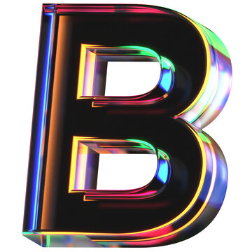 3D glass letter B with rainbow chromatic dispersion effect, holographic crystal typography render