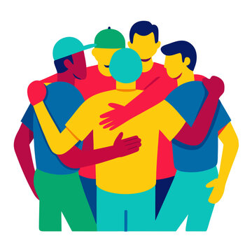 Abstract team huddle of five people in vibrant primary colors embracing for unity and cooperation concepts in corporate training designs.