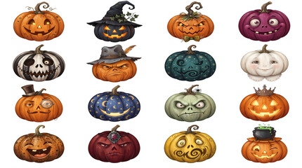 Fototapeta premium Collection of 16 decorated carved pumpkins for halloween holiday celebration.