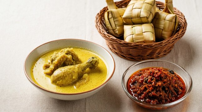 Bowl of spicy Indonesian opor ayam soup features whole drumstick pieces. Accompaniments include wrapped ketupat and vibrant sambal goreng ati.