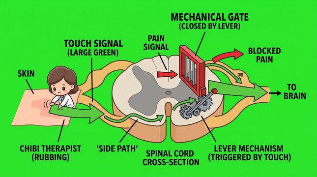 Spinal cord pain gate control theory diagram illustrating nerve signal modulation process