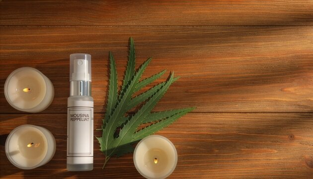 Flat lay photography of mosquito repellent spray, citronella leaves, and burning aroma candles on a wooden table, negative space for graphic design typography, soft lighting, 4K