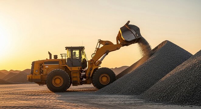 Powerful yellow wheel loader excavating gravel on a construction site at sunset