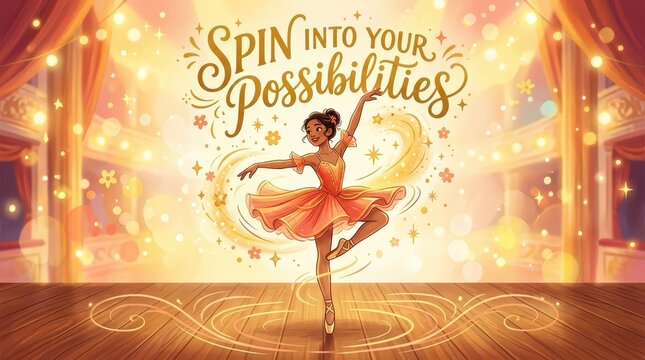 Young ballerina dancing on stage, spinning into possibilities with sparkling lights and theater curtains, inspirational concept.