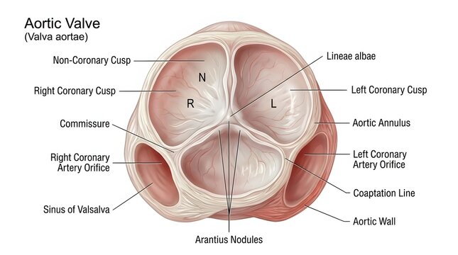 Anatomical diagram of the human aortic valve with labels