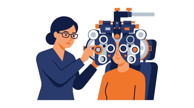 An eye doctor performs a vision test on a patient using a professional phoropter optical device