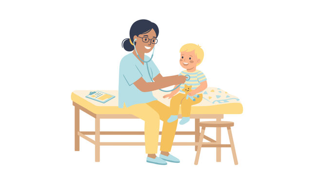 A friendly pediatrician uses a stethoscope to examine a happy young child during a medical checkup