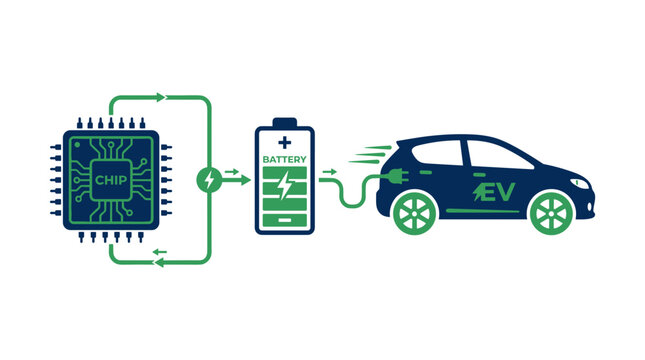 A schematic diagram illustrating a microprocessor powering an electric vehicle via a battery unit