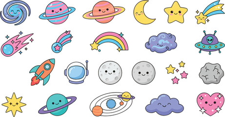 Sweet celestial universe sticker pack featuring friendly galaxy planets rainbow cosmic meteor comet rocket ship and ufo characters © MdJulfikar
