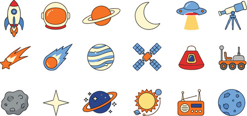 Outer space galaxy exploration element bundle with rocket spaceship rover satellite telescope asteroid and solar system planets © MdJulfikar