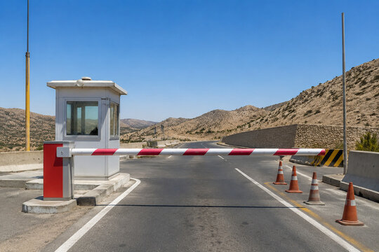 Empty road checkpoint with lowered red and white barrier arm, guard booth and cones, security and traffic control concept