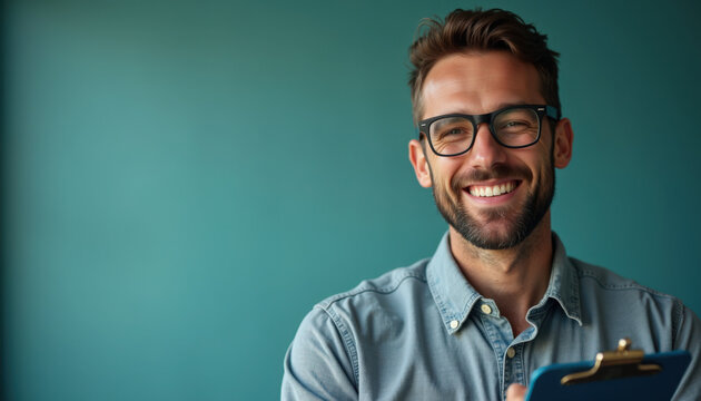 Business portrait of smiling male professional with glasses holding clipboard against teal background, business portrait showing confident consultant and manager in casual shirt,