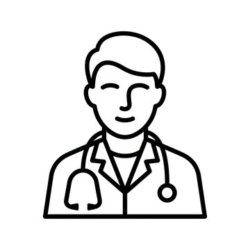 Professional male doctor icon with simple black lines and minimal style for medical application design interface