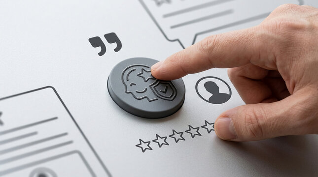 A hand pressing a button for reputation management and customer trust with feedback icons like stars and testimonials in a clean modern interface.