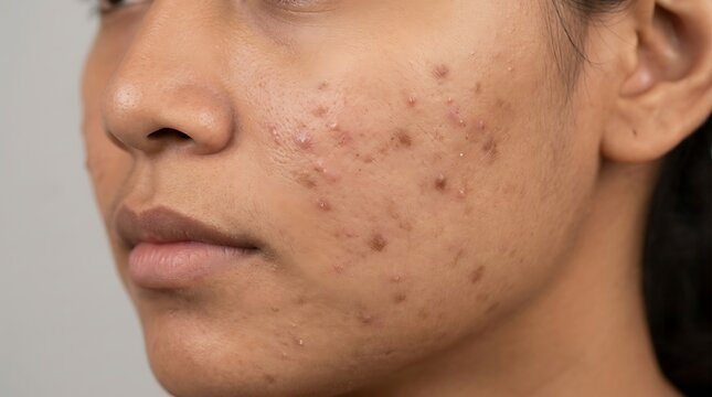 Close up view of a young woman face showing skin texture with acne and blemishes
