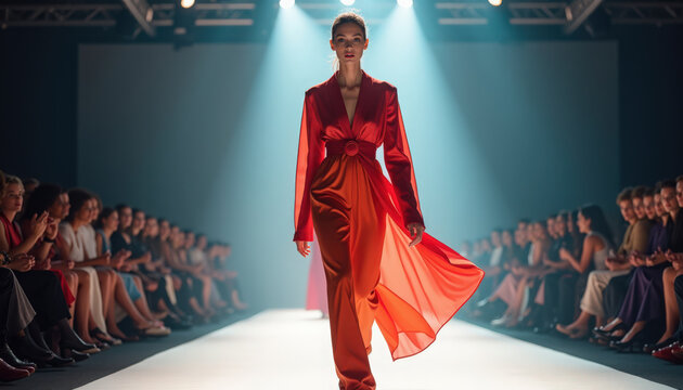 fashion runway model in red satin gown walking down illuminated catwalk, dramatic spotlight on flowing skirt, tailored blazer detail, confident stride,