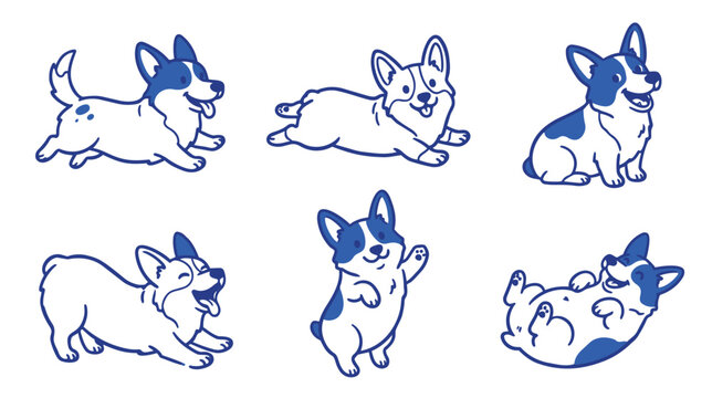 Cute Welsh Corgi Dog Poses Cartoon Character Mascot Vector Illustration Set