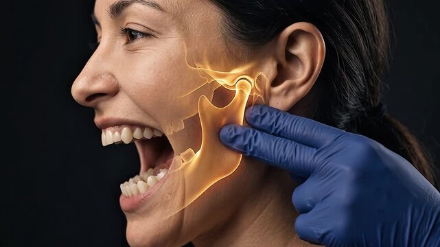 Medical visualization of a woman's jaw joint with glowing TMJ anatomy overlay and gloved hand exam.