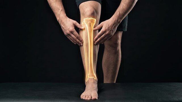 Medical illustration of human leg bones tibia and fibula shown on a man's leg with glowing effect, representing leg pain, injury, or anatomy study on a black background.