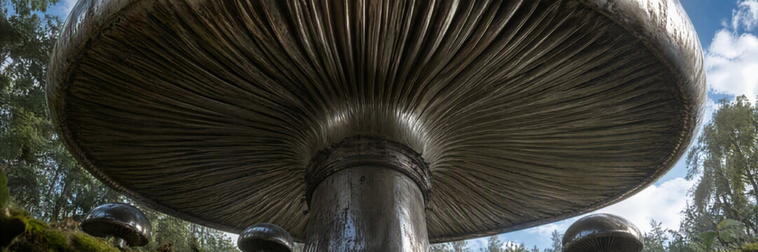 Underside view of a giant metallic mushroom in the forest