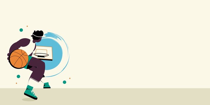 Male Basketball Player Dribbling Ball Toward Hoop With Spacious Copyspace