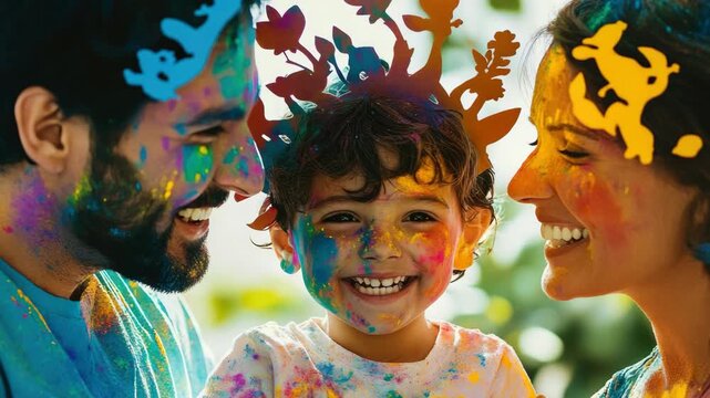 Happy family and young child celebrating with colorful powder on faces