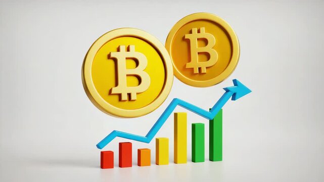 3D Bitcoin Coins with Rising Blue Arrow and Colorful Growth Chart Representing Cryptocurrency Investment, Market Success and Financial Performance