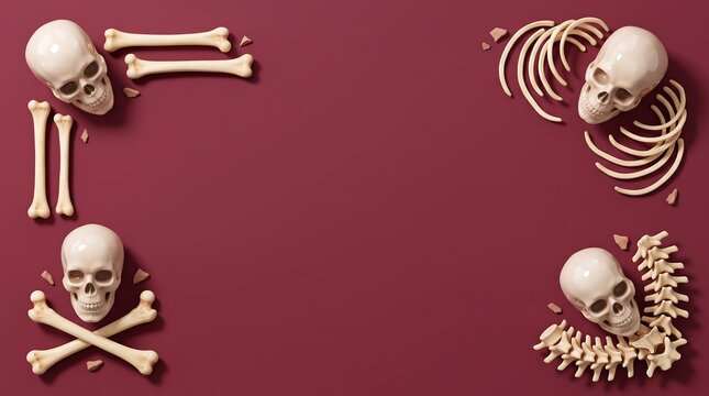 Human skulls and bones arranged as a decorative frame on a solid dark red background for halloween holiday theme