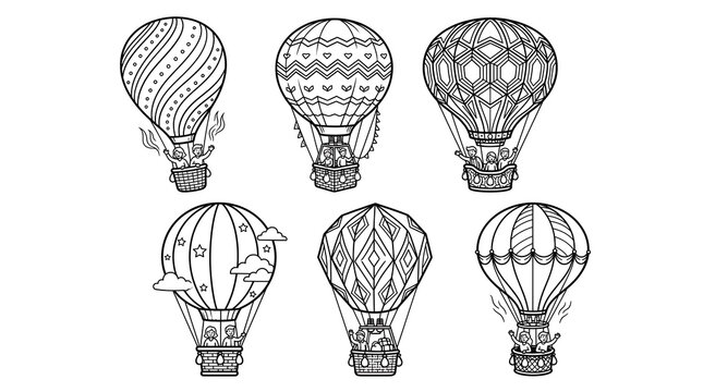 Collection of intricately patterned hot air balloons in illustration style.