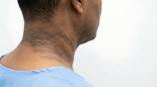 Person with noticeable hyperpigmentation and skin thickening around the neck