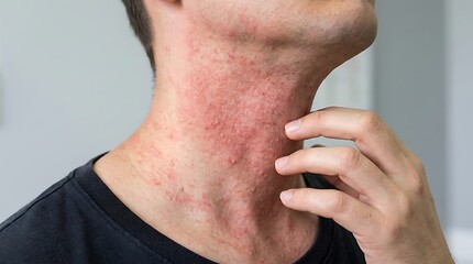 Fototapeta premium Close up of a man scratching an itchy red rash on his neck caused by skin irritation