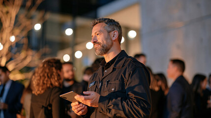 Fototapeta premium Museum guard oversees a candlelit gallery event crowd while a small autonomous drone delivery unit hovers at a restricted service entrance nearby, uniformed guard tracking the scene, guests milling 