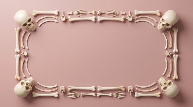 A rectangular frame made of human bones and skulls arranged on a solid light pink background for halloween design