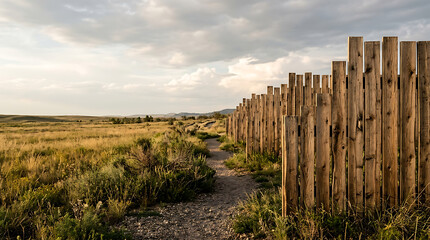 Fototapeta premium Wooden Fence Along a Rural Field with Green Grass, Scenic Countryside Landscape, Blue Sky, Clouds and Country Road in Summer Nature Setting