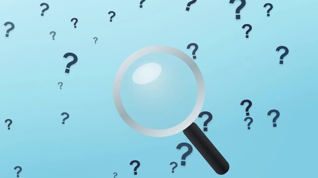 Multiple question marks scattered on light blue background with soft shadows and magnifier