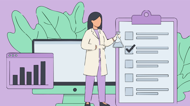 Female scientist conducting research, analyzing data, and managing experiments