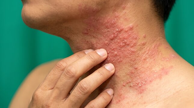 Close up of a person scratching a red itchy skin rash on their neck and chest area