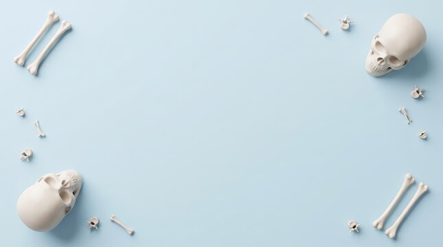 Top view of human skulls and scattered bones arranged as a frame on a solid light blue background surface