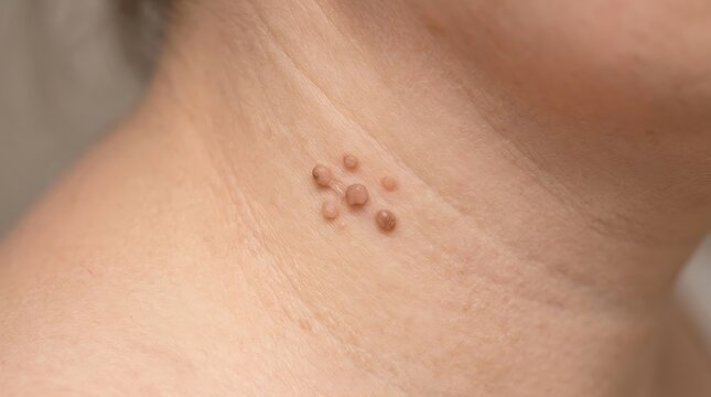 Close up view of a cluster of small dark moles on human skin neck area