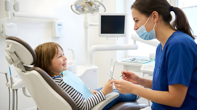 Pediatric dentist showing mirror to young child patient.